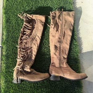Stylish Fringe Over the Knee Boots - Brown